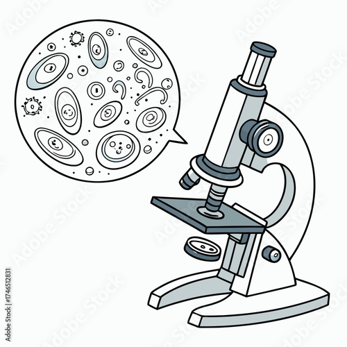 A whimsical cartoon illustration of a microscope revealing a magnified view of various microscopic organisms and cells within a speech bubble
