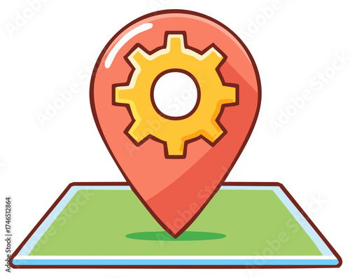 Red location pin with yellow gear inside placed on green map square cartoon illustration