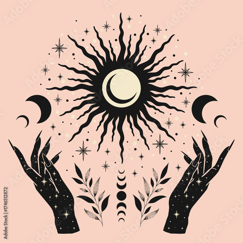 Magical poster with woman hands, stars and moon, boho illustration. Vector hand drawing