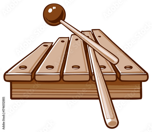 Cartoon illustration of a xylophone with a mallet, musical instrument design.