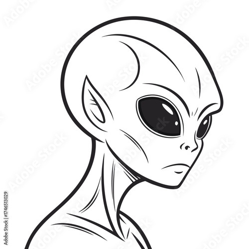 A striking black and white line art illustration of a classic grey alien head and shoulders looking to the side with large dark eyes and a serious expression
