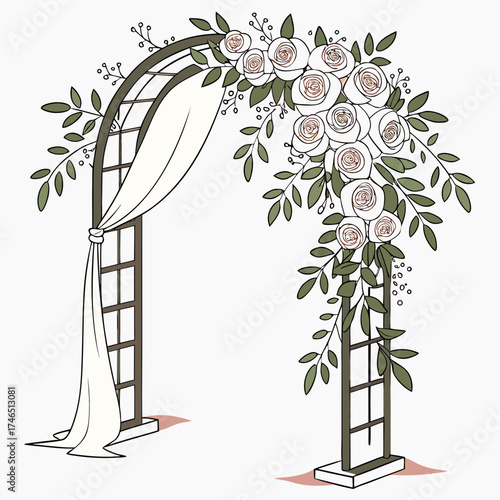 Elegant wedding arch adorned with delicate white roses and lush green foliage draped with flowing ivory fabric for a romantic ceremony setting