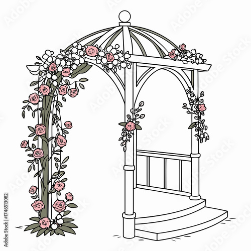 Elegant wedding gazebo adorned with delicate pink roses and lush green vines creating a romantic and picturesque outdoor ceremony setting