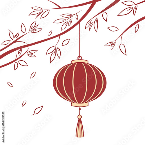 A single red chinese lantern with a tassel hangs from a tree branch adorned with delicate leaves and falling leaves against a white background