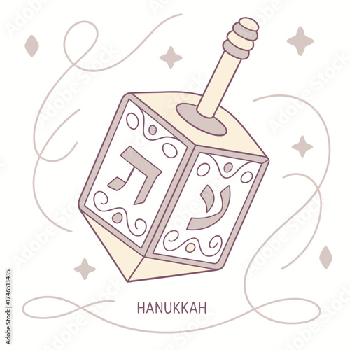 A charming and whimsical illustration of a dreidel adorned with decorative swirls and hebrew letters set against a light background with subtle star and diamond accents and flowing lines