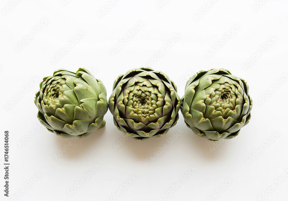 Obraz premium Three fresh artichokes isolated on a white background