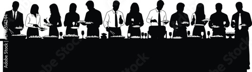 Business buffet silhouette, corporate dining event, formal gathering illustration, professional people eating, black and white vector, social meal concept, workplace catering scene