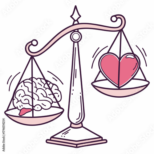 Illustration of a balance scale weighing a human brain against a heart symbolizing the choice between logic and emotion in decision making