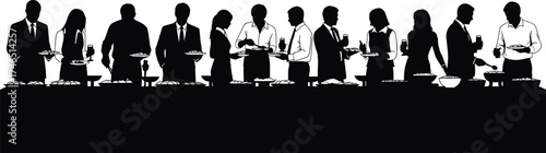 Business professionals at buffet table, corporate lunch event, formal gathering, food service line, social interaction, dining silhouette, black and white vector illustration
