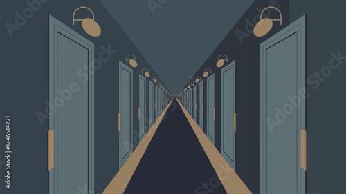 A long hallway with many doors and lights on the walls receding into the distance in cartoon style