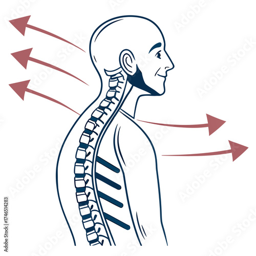 Illustration of a man with a healthy spine and good posture showing spinal alignment and support with directional arrows indicating proper body mechanics