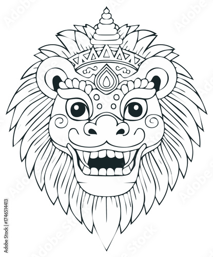 Barong Mask Outline Vector Illustration, Balinese Traditional Symbol, Decorative Line Art, Spiritual Tattoo Design