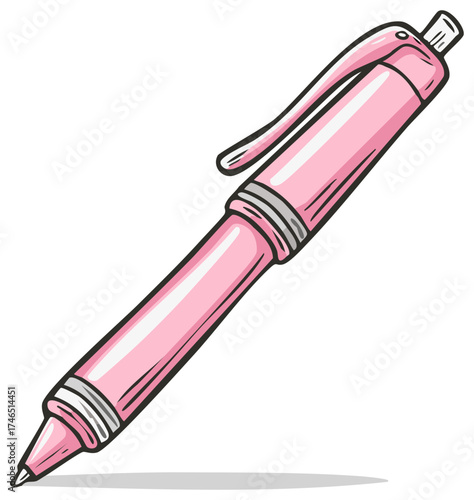 Pink ballpoint pen with clip, cartoon style, isolated illustration