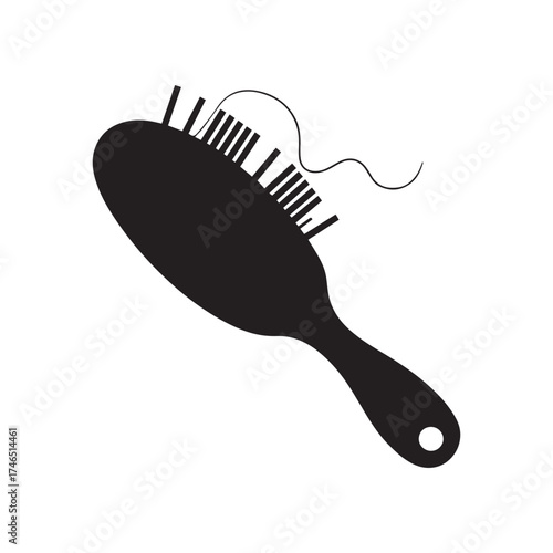 Solid Black Silhouette Icon of a Hairbrush with Strands of Fallen Hair for Hair Loss and Care Graphics