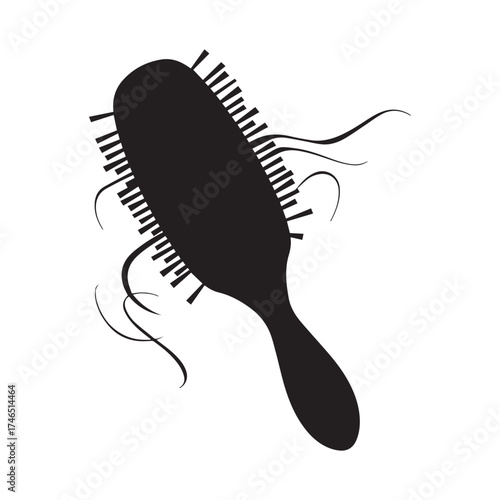 Solid Black Silhouette Icon of a Hairbrush with Strands of Fallen Hair for Hair Loss and Care Graphics