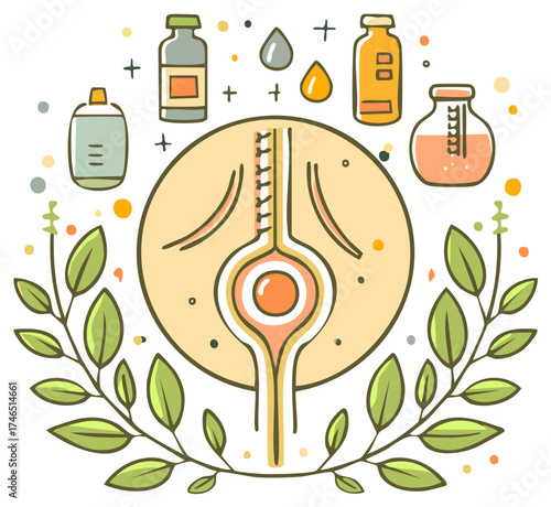 Herbal Medicine: Root System Surrounded by Botanicals, Bottles, and Liquid Drops, Vector Illustration