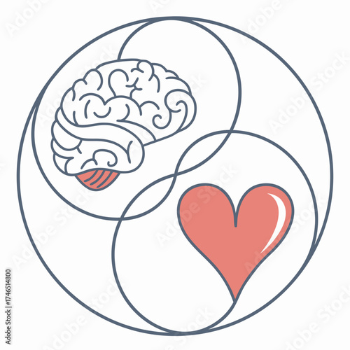 Symbolic representation of the balance between the human brain and heart illustrating the harmony of logic and emotion within a circular design