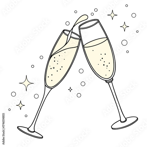 Two champagne flutes clinking together with bubbly liquid splashing and sparkling stars and circles on a white background