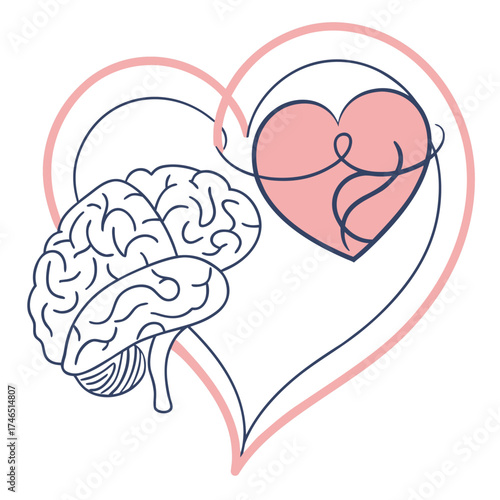 Conceptual illustration of the connection between the human brain and heart within a stylized heart outline representing emotional and logical balance