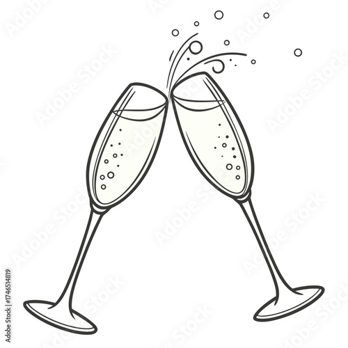 Two elegant champagne flutes clinking together with effervescent bubbles and splashes symbolizing celebration and joy in a minimalist hand drawn style