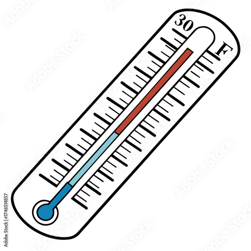 A simple illustration of a thermometer showing a temperature reading of thirty degrees fahrenheit with a red and blue liquid column against a white background