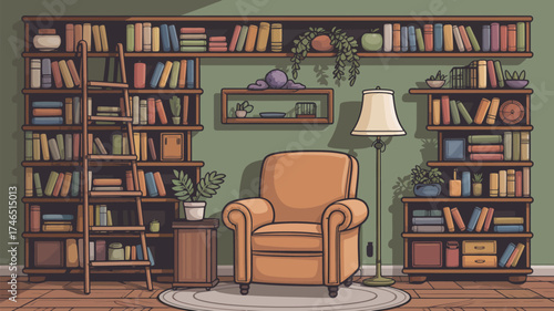 A cozy reading nook with a comfortable armchair and bookshelves filled with books and decorations