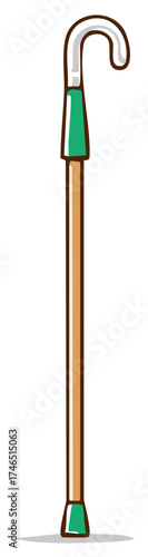 Cartoon Style Walking Stick with Green and Silver Accents on White