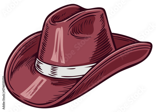 Maroon Cowboy Hat with a White Band Detailed Illustration