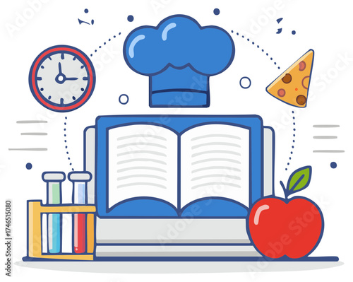 Culinary Education Concept with Chef Hat Recipe Book Apple and Pizza Slice