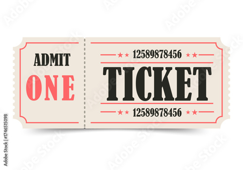 Vintage admit one ticket illustration retro style design for event entry isolated on white background