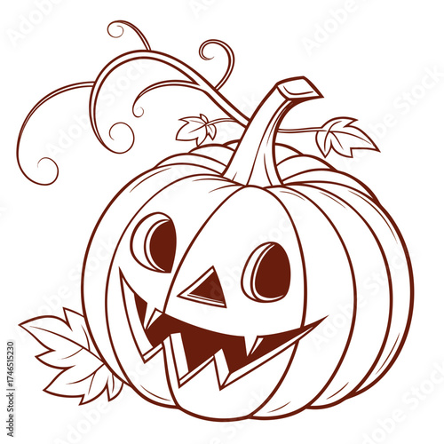 A cheerful and spooky carved pumpkin with a wide grinning mouth and triangular eyes adorned with curling vines and leaves perfect for halloween decorations and designs