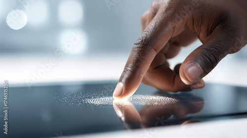 Fingerprint authentication on a digital touchscreen for data protection and security. A finger touches a digital screen, activating a fingerprint scan for secure access and data protection.