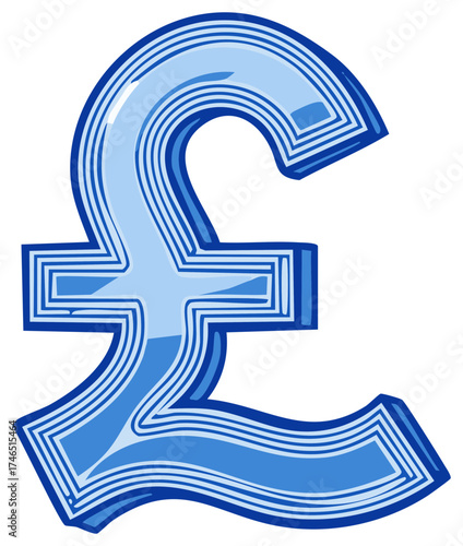 Blue stylized pound sterling symbol illustration with border lines and cartoon style.