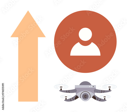 quadcopter capturing user data, represented with an icon and an upward arrow indicating progress. Ideal for technology, data management, surveillance, growth, monitoring, analysis innovation. Simple