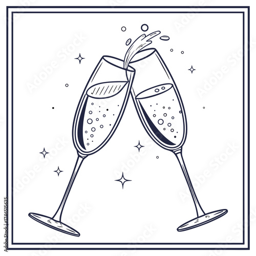 Two elegant champagne flutes clinking together celebrating a special occasion with sparkling bubbles and a splash of celebratory liquid