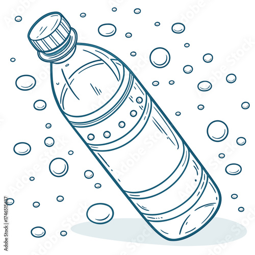 A simple line drawing of a plastic water bottle with a cap surrounded by numerous small and large bubbles on a white background