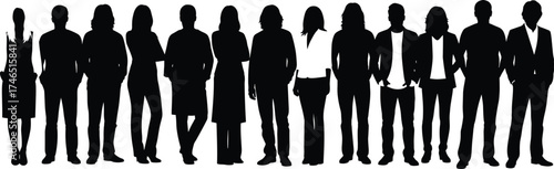 Human silhouettes, diverse people, standing figures, casual and formal attire, black vector illustration, group concept, fashion mix, demographic theme, social diversity