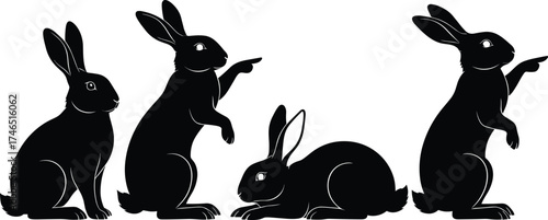 Rabbit silhouette vector illustration, black bunny poses collection, pointing gesture animal clipart, crouching hare icon set, wildlife graphic design element