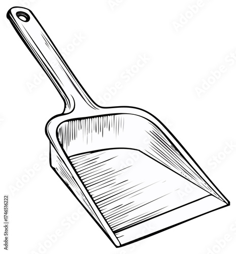 Sketch of dustpan with handle for cleanup and household tasks, stylized black lines