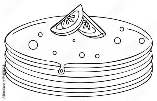 Delicious stack of pancakes topped with fresh lemon slices and dripping syrup outline illustration