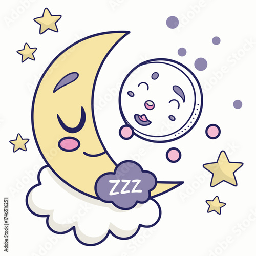Adorable cartoon crescent moon character sleeping peacefully on a fluffy cloud with a baby moon floating nearby surrounded by stars and sleepy bubbles