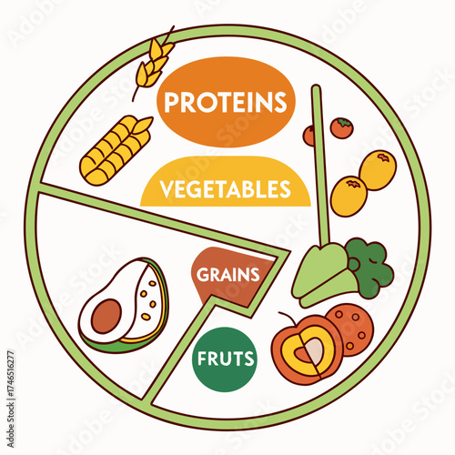 A balanced diet plate illustration showing sections for proteins vegetables grains and fruits with cartoon style food items and labels