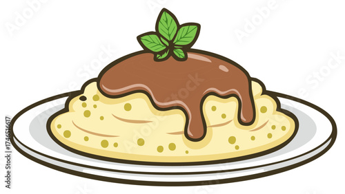Sweet creamy dessert with brown topping and fresh mint leaves on a plate vector illustration