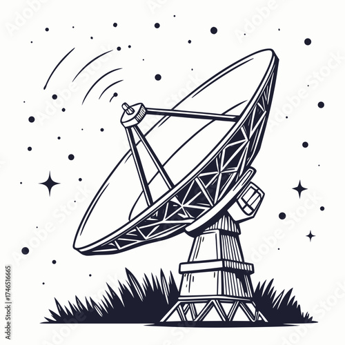 A detailed black and white illustration of a large parabolic satellite dish antenna set against a starry night sky with radiating signal waves