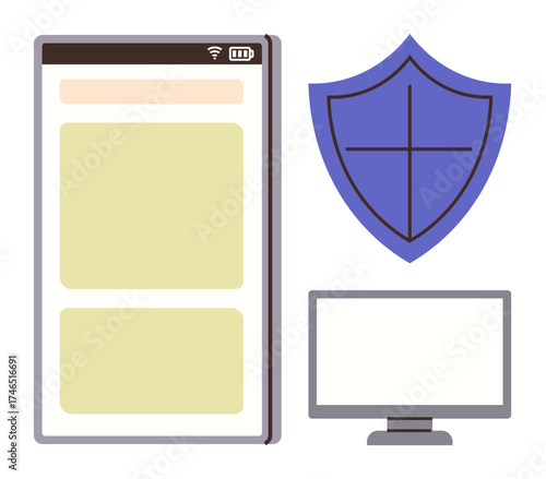 Mobile device layout, shield representing protection, and a computer monitor. Ideal for cybersecurity, technology, digital safety, mobile apps, online security, data protection simple flat metaphor