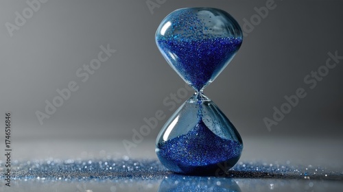 A clear hourglass with blue sand inside stands upright, sand trickling down from the top to the bottom chamber,