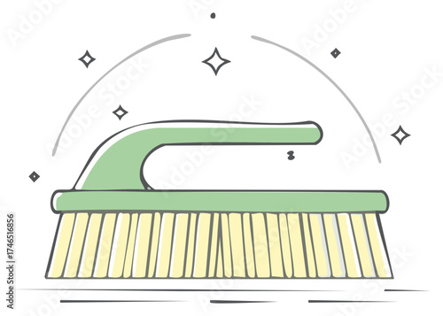 Handheld cleaning brush with bristles and green handle, a symbol for tidying and hygiene