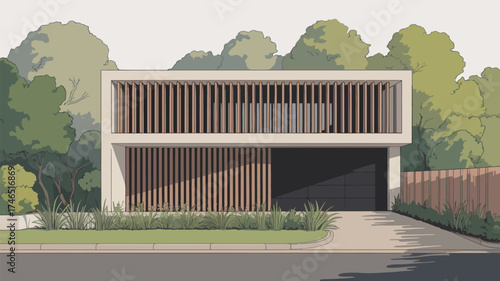 Illustration of a modern two story house with a garage and trees in the background on a sunny day