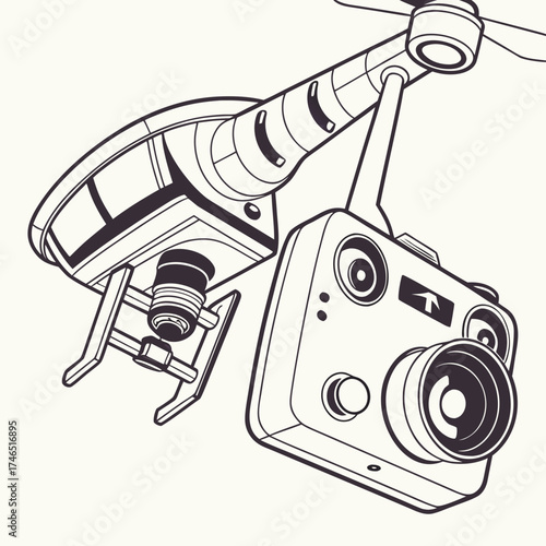 Stylized line art illustration of a modern drone with a camera attached to its undercarriage captured from a low angle perspective against a plain background