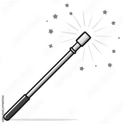 Magical wand creating sparkling stars with light rays for enchantment and fantasy